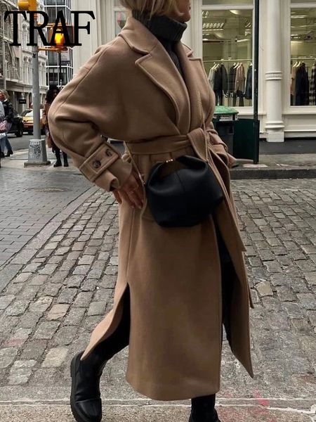 women's wool blends traf winter coat camel long women elegant belt faux jacket outerwear sleeve womens s arrival 230107, Black
women's wool blends traf winter coat camel long women elegant belt faux jacket outerwear sleeve womens s arrival 230107, Black