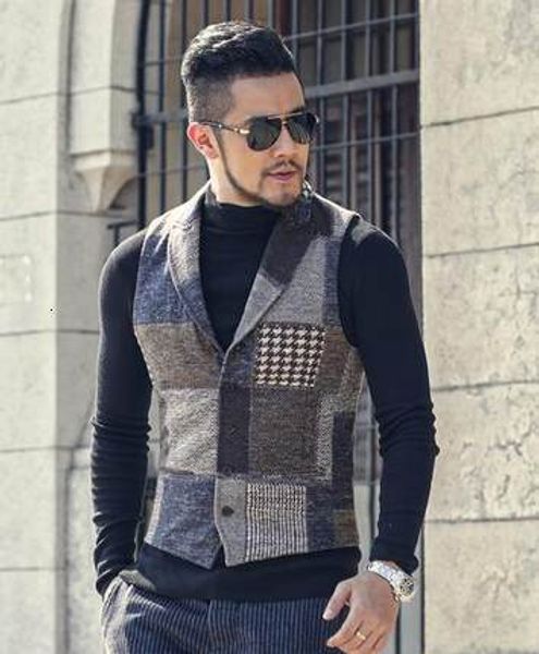 men s vests suit lapel collar stitching vintage patch plaid woolen casual slim waistcoat for wedding groom costumes 230107, Black;white
men s vests suit lapel collar stitching vintage patch plaid woolen casual slim waistcoat for wedding groom costumes 230107, Black;white