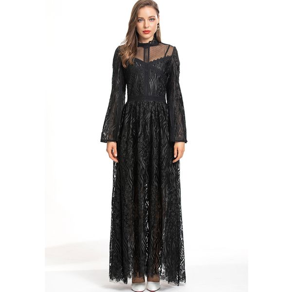 women's dresses o neck long flare sleeves embroidery lace elegant fashion desinger runway vestidos prom gown, Black
women's dresses o neck long flare sleeves embroidery lace elegant fashion desinger runway vestidos prom gown, Black