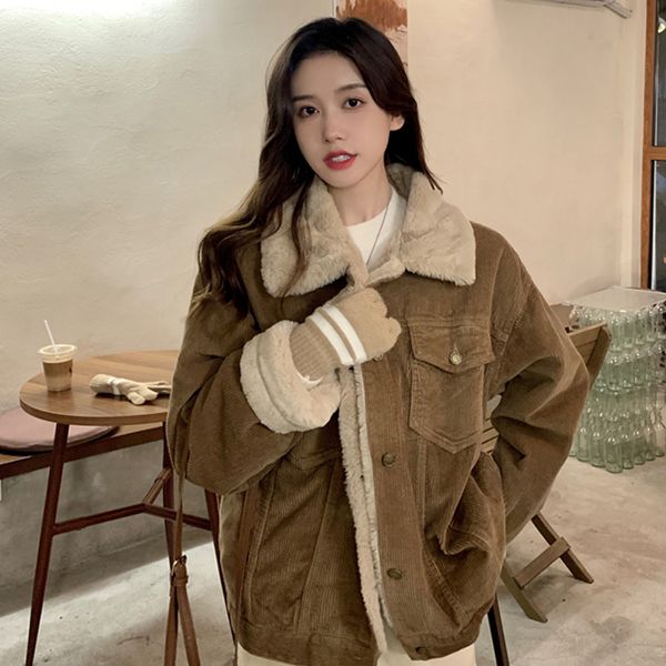 men's down parkas vintage khaki thicken corduroy jacket women plush lapel elegant apricot coats loose casual fur collar korean outwear, Black
men's down parkas vintage khaki thicken corduroy jacket women plush lapel elegant apricot coats loose casual fur collar korean outwear, Black