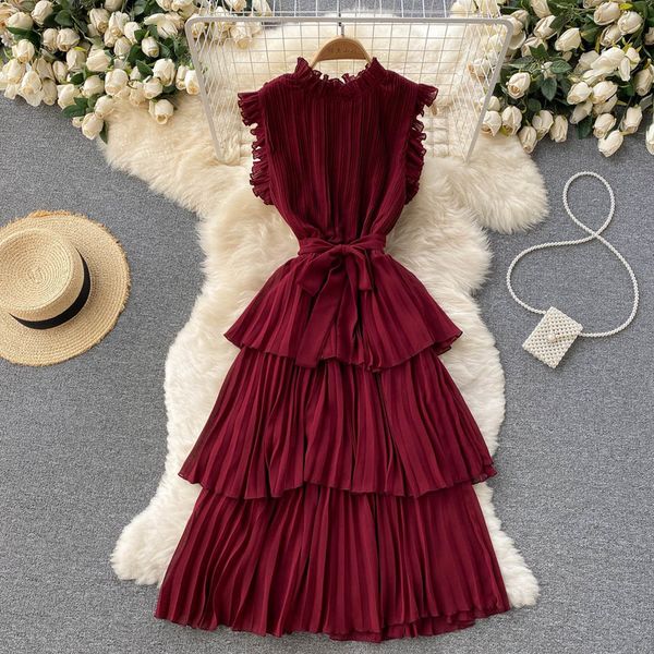 french style sleeveless pleated dresses women fungus neck slim waist ruffled chiffon robe female solid color cake vestido 2023, Black;gray
french style sleeveless pleated dresses women fungus neck slim waist ruffled chiffon robe female solid color cake vestido 2023, Black;gray