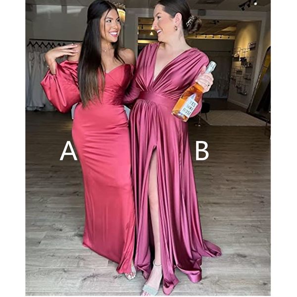 off the shoulder long sleeve bridesmaid dresses mermaid prom dress satin formal dress with slit, White;pink
off the shoulder long sleeve bridesmaid dresses mermaid prom dress satin formal dress with slit, White;pink