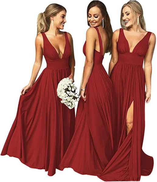 split v neck bridesmaid dresses long for women wedding formal dress satin prom dress evening gowns, White;pink
split v neck bridesmaid dresses long for women wedding formal dress satin prom dress evening gowns, White;pink