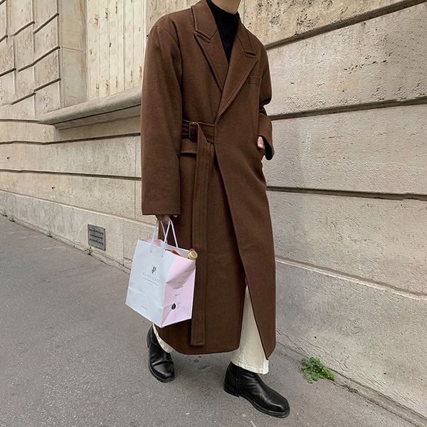 men's wool blends and woolen mixtures coat autumn winter mid long thickened korean trend loose overcoat male bandage waist 230107, Black
men's wool blends and woolen mixtures coat autumn winter mid long thickened korean trend loose overcoat male bandage waist 230107, Black