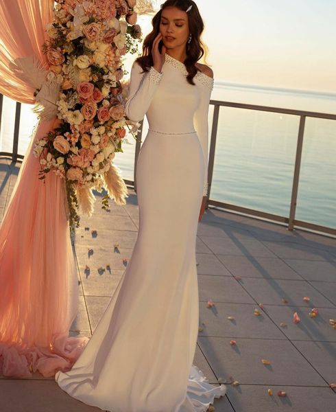 2023 elegant mermaid wedding dresses satin one shoulder pearls beads a line long sleeves sweep train formal plus size bridal gowns, White
2023 elegant mermaid wedding dresses satin one shoulder pearls beads a line long sleeves sweep train formal plus size bridal gowns, White