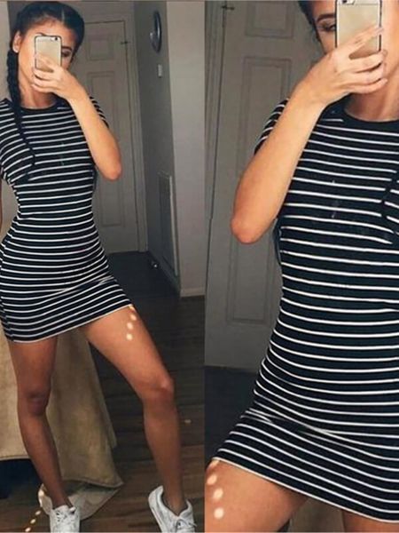 party dresses summer casual striped o neck short sleeved black and white elegant sheath slim 230107, White;black
party dresses summer casual striped o neck short sleeved black and white elegant sheath slim 230107, White;black