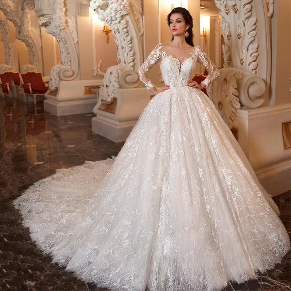 elegant lace a line wedding dresses sheer long sleeves satin lace applique sweep train wedding bridal gowns with buttons, White
elegant lace a line wedding dresses sheer long sleeves satin lace applique sweep train wedding bridal gowns with buttons, White
