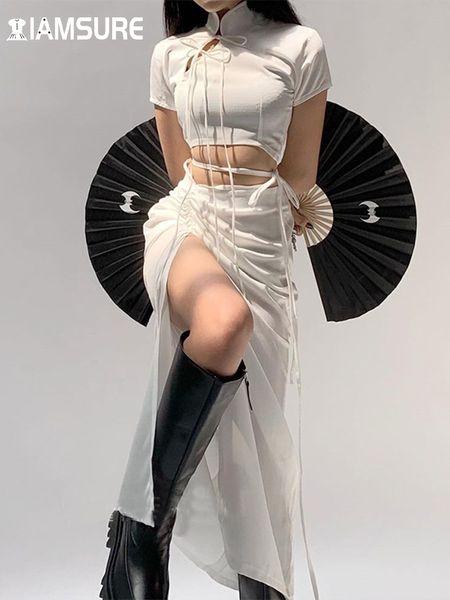 women s knits tees iamsure chinese style slim bandage dress set women hollow out short sleeve crop drawstring split high waisted skirts 230, White
women s knits tees iamsure chinese style slim bandage dress set women hollow out short sleeve crop drawstring split high waisted skirts 230, White