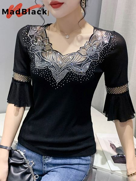 women's tshirt madblack summer korean clothes fashion patchwork shiny diamonds half flare sleeve street tees t26801l 230110, White
women's tshirt madblack summer korean clothes fashion patchwork shiny diamonds half flare sleeve street tees t26801l 230110, White
