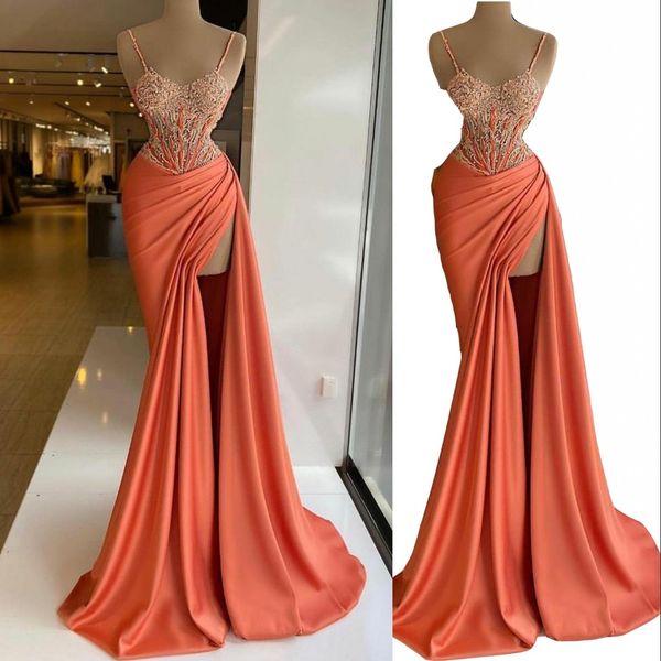 2023 orange prom dresses spaghetti straps lace appliques crystal beads sleeveless mermaid high side split sweep train plus size long party e, Black
2023 orange prom dresses spaghetti straps lace appliques crystal beads sleeveless mermaid high side split sweep train plus size long party e, Black