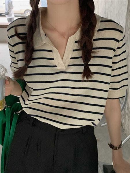 women's tshirt deeptown striped tshirt knitted t polo tees loose short sleeve for women elasticity vneck summer 230110, White
women's tshirt deeptown striped tshirt knitted t polo tees loose short sleeve for women elasticity vneck summer 230110, White