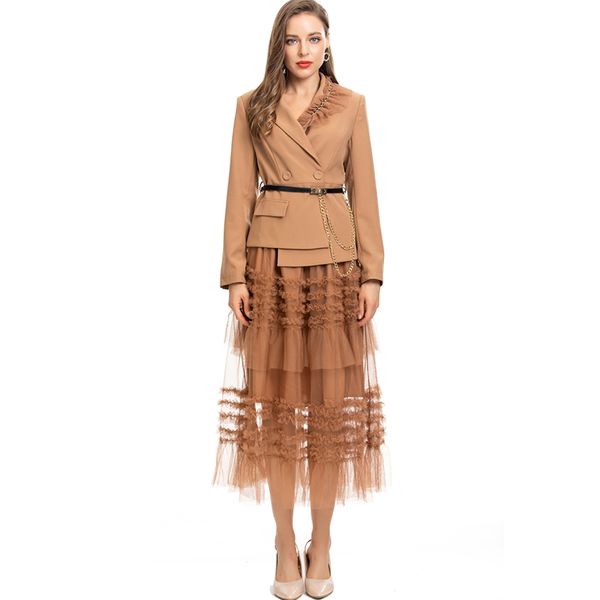 women's runway two piece dress turn down collar long sleeves blazers with tiered ruffles skirts fashion twinsets, White
women's runway two piece dress turn down collar long sleeves blazers with tiered ruffles skirts fashion twinsets, White