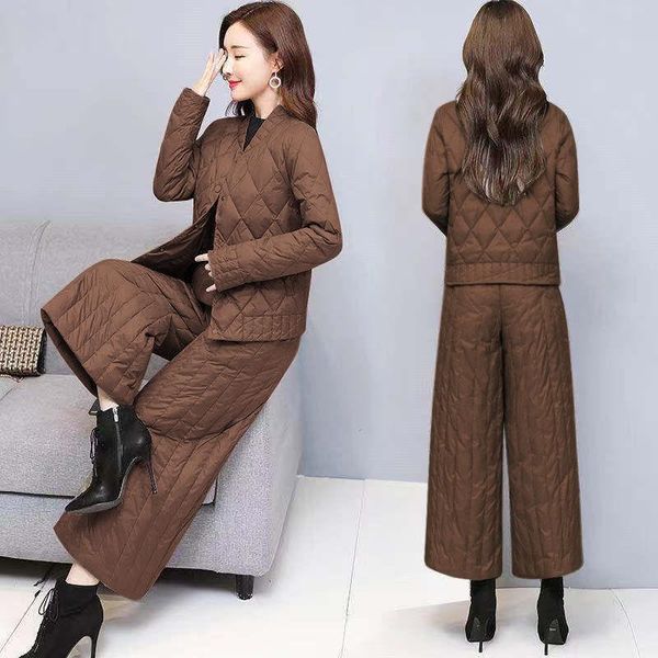 women's two piece pants winter brown clothes fashion down jacket suit female korean version light cotton wide leg two-piece set, White
women's two piece pants winter brown clothes fashion down jacket suit female korean version light cotton wide leg two-piece set, White