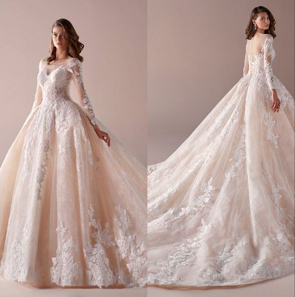 elegant sheer long sleeves lace a line wedding dresses scoop neck applique court train wedding bridal gowns with lace up back bc14866, White
elegant sheer long sleeves lace a line wedding dresses scoop neck applique court train wedding bridal gowns with lace up back bc14866, White