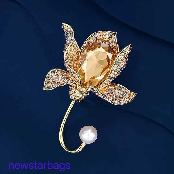 manufacturer gift wholesale exaggerated brooch premium luxury crystal flower gold orchid pearl new style atmospheric accessories, Gray