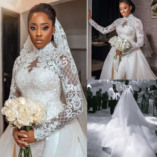 luxury mermaid wedding dresses with tulle overskirt lace high neck long sleeves plus size aso ebi bridal wedding gowns, White
luxury mermaid wedding dresses with tulle overskirt lace high neck long sleeves plus size aso ebi bridal wedding gowns, White