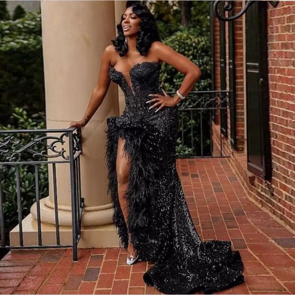 glitter black sequined evening dresses side slit feather long prom dress sleeveless strapless sweetheart black girls special occasion gown, Black;red
glitter black sequined evening dresses side slit feather long prom dress sleeveless strapless sweetheart black girls special occasion gown, Black;red