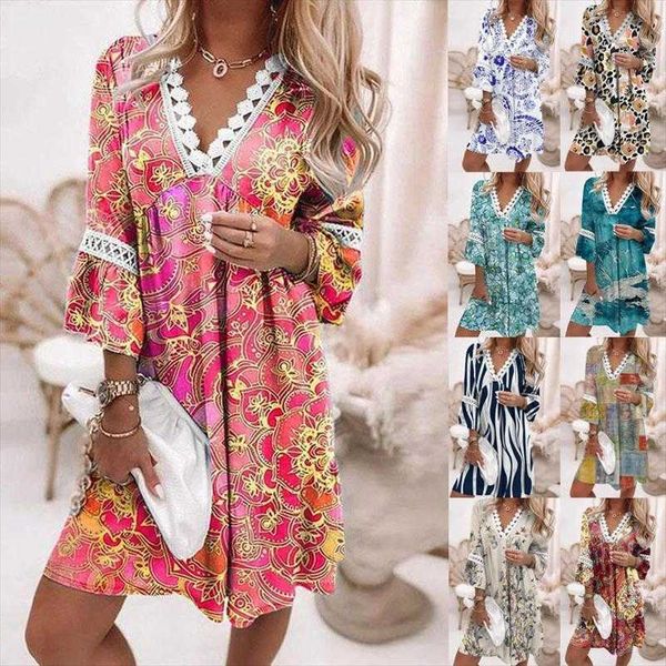 spring casual dresses v neck printed lace stitching bohemian vacation style, Black;gray
spring casual dresses v neck printed lace stitching bohemian vacation style, Black;gray
