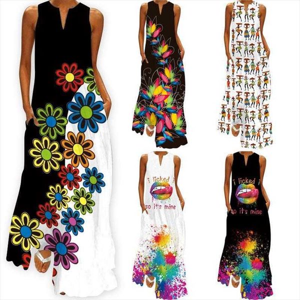 summer womens clothes dresses sleeveless v neck printed dress long clothing, Black;gray
summer womens clothes dresses sleeveless v neck printed dress long clothing, Black;gray