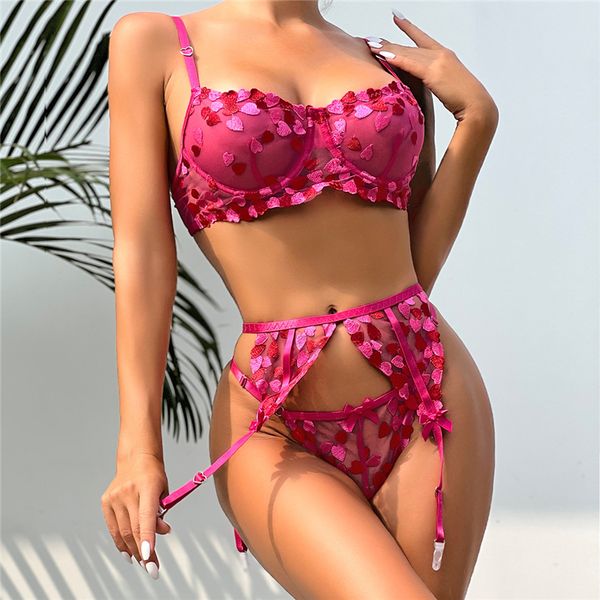 womens bras sets love embroidery lace bra briefs garters three piece ladies bedding underwear girlsfrend gifts, Red;black
womens bras sets love embroidery lace bra briefs garters three piece ladies bedding underwear girlsfrend gifts, Red;black