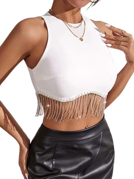 women tanks tassel rhinestone fringe zip back sleeveless camis slim round neck fitted crop tank, White
women tanks tassel rhinestone fringe zip back sleeveless camis slim round neck fitted crop tank, White