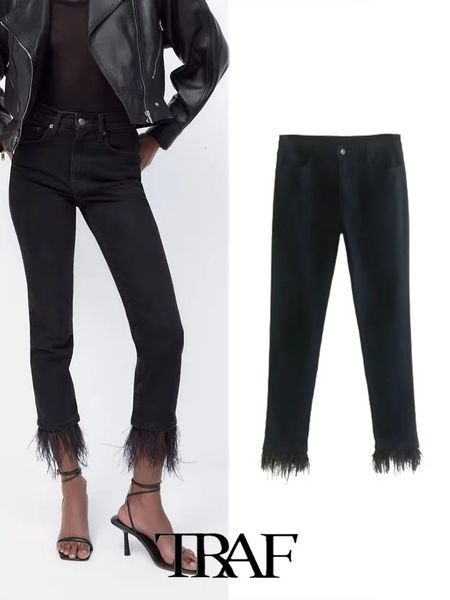 women's jeans traf women 2023 leisure fashion solid elastic hem with feather trim slim trousers mujer 230110, Blue
women's jeans traf women 2023 leisure fashion solid elastic hem with feather trim slim trousers mujer 230110, Blue