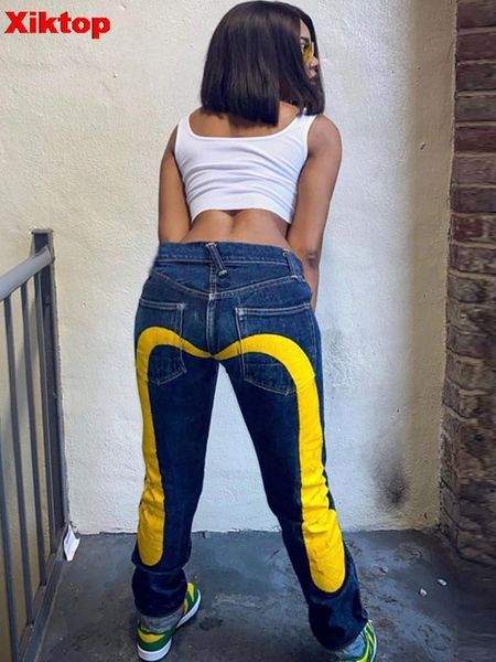 women's jeans xikcotton cargo pants for women yellow strip print streetwear straight low waist contrast color long trousers 230110, Blue
women's jeans xikcotton cargo pants for women yellow strip print streetwear straight low waist contrast color long trousers 230110, Blue