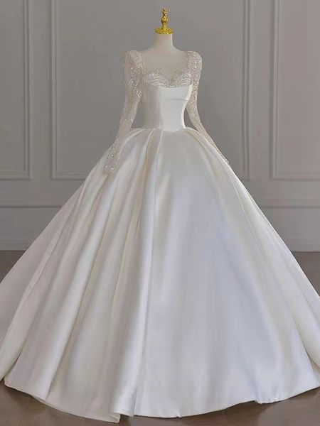 2023 satin a line wedding dress long sleeves lace crystal bride dresses bridal gowns plus size vestido de noiva arabic mulslim luxury bride, White
2023 satin a line wedding dress long sleeves lace crystal bride dresses bridal gowns plus size vestido de noiva arabic mulslim luxury bride, White