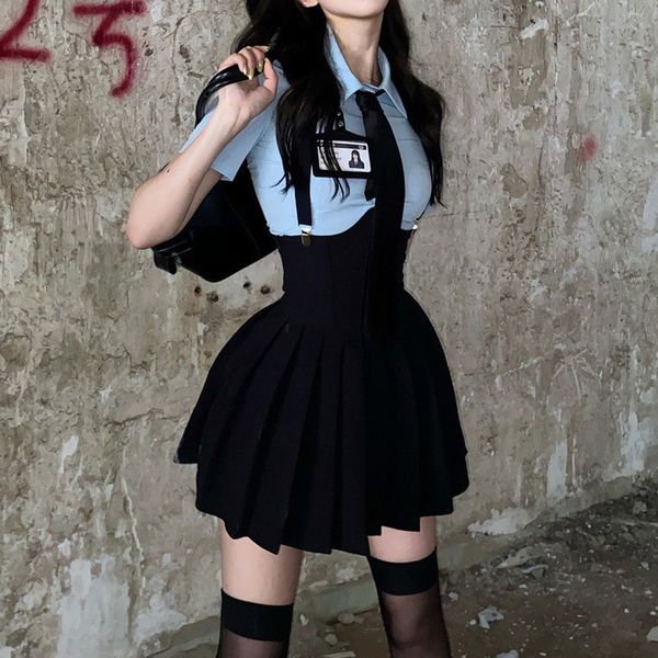 women's knits tees houzhou preppy style womens two piece sets shirt outfit high waist corset strap pleated skirt vintage school uniform, White
women's knits tees houzhou preppy style womens two piece sets shirt outfit high waist corset strap pleated skirt vintage school uniform, White