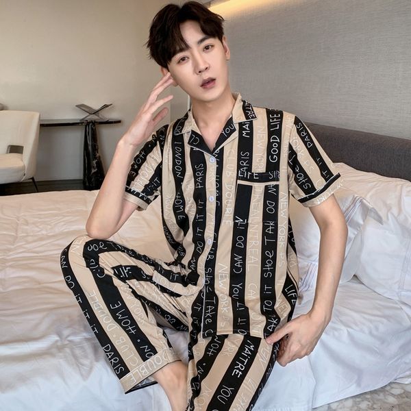 men's sleepwear pajamas for fall two piece striped lapel short sleeved pants casual loungewear pajama pijama 230111, Black;brown
men's sleepwear pajamas for fall two piece striped lapel short sleeved pants casual loungewear pajama pijama 230111, Black;brown