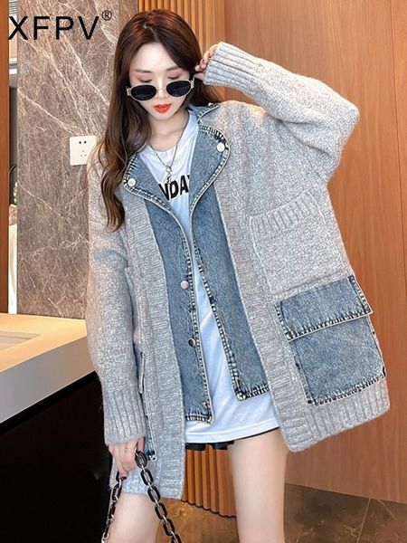 women's knits tees xfpv autumn winter arrivals denim stitched sweater coat loose thickened knitted cardigan women sm1181 230111, White
women's knits tees xfpv autumn winter arrivals denim stitched sweater coat loose thickened knitted cardigan women sm1181 230111, White