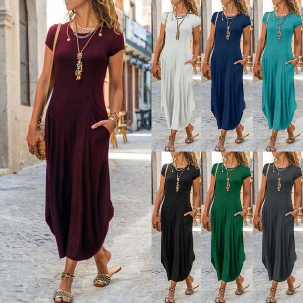 long dress pullover short sleeve round neck mid waist expansion skirt solid color, Black;gray 
long dress pullover short sleeve round neck mid waist expansion skirt solid color, Black;gray