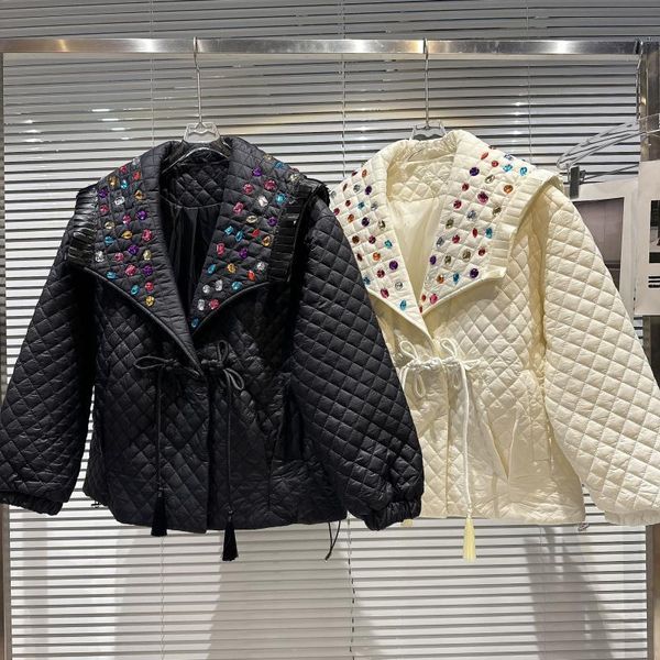 women's down parkas winter jacket fashion colored gem diamond cotton coat women laceup parka coats female thickened warm jackets 230111, Black
women's down parkas winter jacket fashion colored gem diamond cotton coat women laceup parka coats female thickened warm jackets 230111, Black