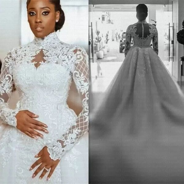 2023 gorgeous wedding dresses bridal gown high neck long sleeves lace applique a line sweep train plus size custom made garden vestido de no, White
2023 gorgeous wedding dresses bridal gown high neck long sleeves lace applique a line sweep train plus size custom made garden vestido de no, White
