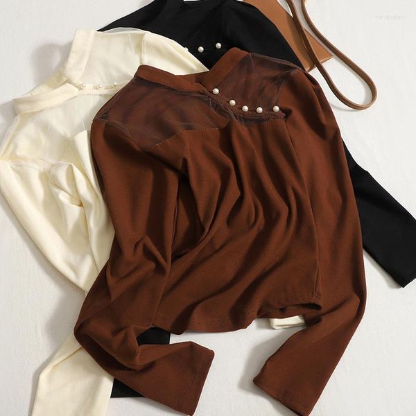 women's t shirts hikigawa chic fashion women autum retro mesh patchwork long sleeve slim beaded bottoming casual blouse mujer, White
women's t shirts hikigawa chic fashion women autum retro mesh patchwork long sleeve slim beaded bottoming casual blouse mujer, White