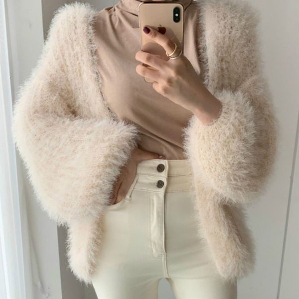 women's knits tees v-neck furry loose knit cardigan mohair crochet sweater jacket faux fur plush velvet lantern sleeve 230111, White
women's knits tees v-neck furry loose knit cardigan mohair crochet sweater jacket faux fur plush velvet lantern sleeve 230111, White