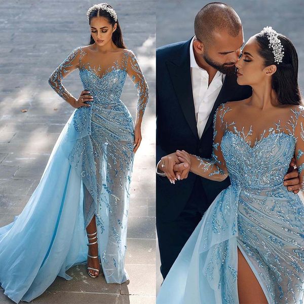 

sky blue mermaid prom dresses sheer jewel neck lace appliques long sleeve evening dress pageant gown party birthday club robes, Black