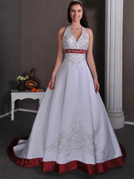 elegant embroidered long a line wedding dresses halter neck backless lace-up white and burgundy bridal gowns v-neck court train vintage sati
elegant embroidered long a line wedding dresses halter neck backless lace-up white and burgundy bridal gowns v-neck court train vintage sati