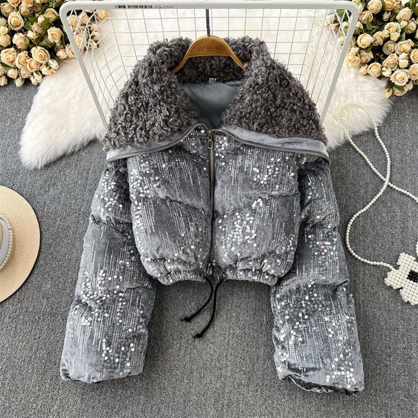 women's down parkas autumn and winter crop coat korean version large lapel glittering sequins short cotton padded jacket for women park, Black
women's down parkas autumn and winter crop coat korean version large lapel glittering sequins short cotton padded jacket for women park, Black