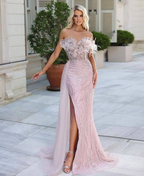 pink mermaid prom dresses sleeveless v neck feather 3d lace appliques sequins beaded floor length celebrity formal side slit evening dresses, Black
pink mermaid prom dresses sleeveless v neck feather 3d lace appliques sequins beaded floor length celebrity formal side slit evening dresses, Black
