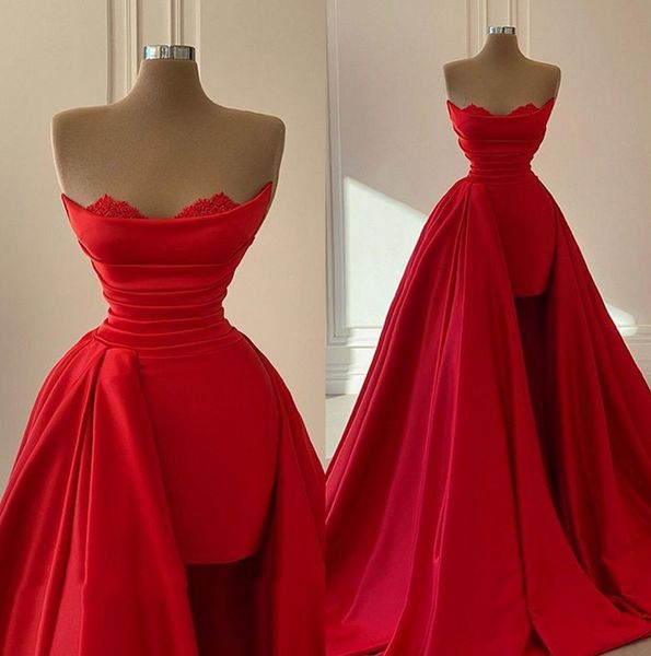 red strapless satin prom dresses sleeveless lace applique ruched evening dresses sweep train women draped formal party gwons, Black
red strapless satin prom dresses sleeveless lace applique ruched evening dresses sweep train women draped formal party gwons, Black