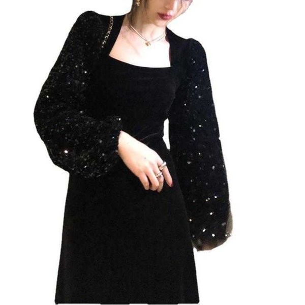 party dresses 2023 autumn and winter glittering sequin patchwork sleeve square neck split velvet dress, White;black
party dresses 2023 autumn and winter glittering sequin patchwork sleeve square neck split velvet dress, White;black
