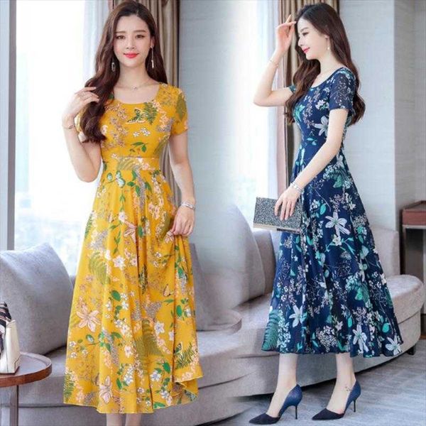 summer short sleeved dress womens elegant slimming floral round neck mid length, Black;gray
summer short sleeved dress womens elegant slimming floral round neck mid length, Black;gray