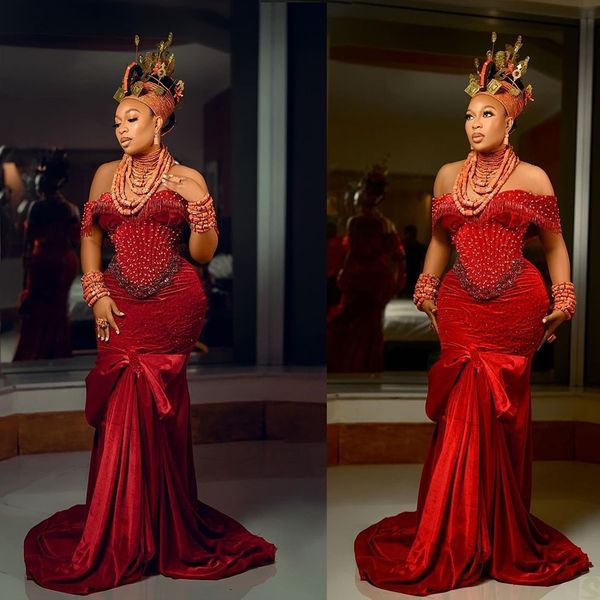 elegant red african dubai evening dresses off the shoulder beading mermaid prom dress bow velvet formal party gowns, Black;red
elegant red african dubai evening dresses off the shoulder beading mermaid prom dress bow velvet formal party gowns, Black;red