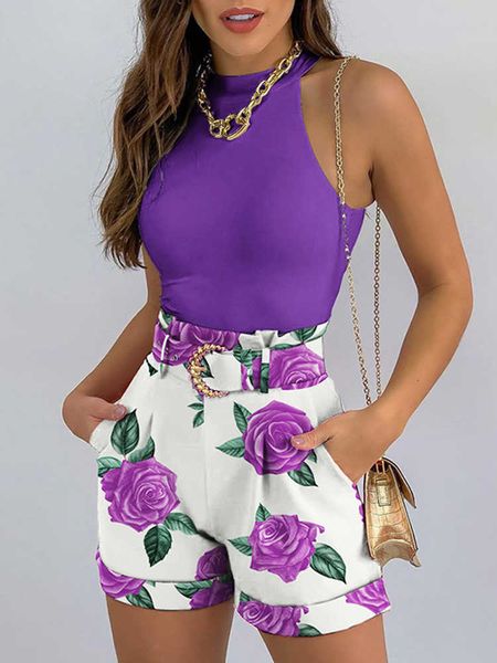 two piece dress solid sleeveless tank pocket design floral print belted shorts set women two piece set t230113, White
two piece dress solid sleeveless tank pocket design floral print belted shorts set women two piece set t230113, White