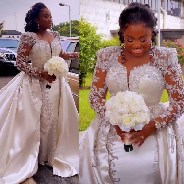 2023 gorgeous mermaid wedding dresses bridal gown with overskirt long sleeves lace applique beaded sweep train custom made beach country plu, White
2023 gorgeous mermaid wedding dresses bridal gown with overskirt long sleeves lace applique beaded sweep train custom made beach country plu, White