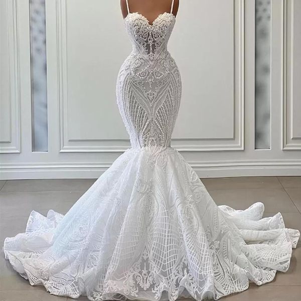 2023 luxury mermaid wedding dresses african spaghetti straps illusion full lace appliques crystal beading pearls sweep train formal bridal g, White
2023 luxury mermaid wedding dresses african spaghetti straps illusion full lace appliques crystal beading pearls sweep train formal bridal g, White