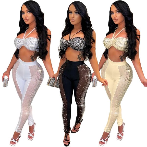 2023 women fashion night club two piece pants spring summer rhinestone sheer 2 piece set sleeveless pants solid color clothing, White
2023 women fashion night club two piece pants spring summer rhinestone sheer 2 piece set sleeveless pants solid color clothing, White