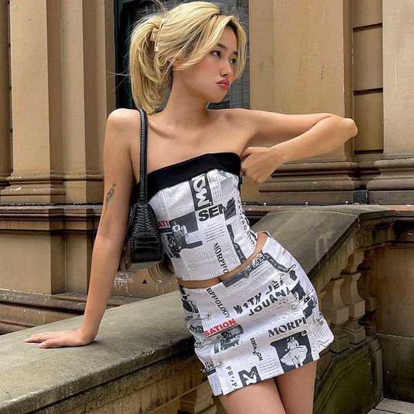 two piece dress echoine summer news paper print strapless and mini skirt two piece set party night club outfits streetwear t230113, White
two piece dress echoine summer news paper print strapless and mini skirt two piece set party night club outfits streetwear t230113, White