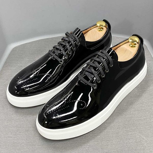 dress shoes luxury mens casual shoes patent leather lace up autumn, Black